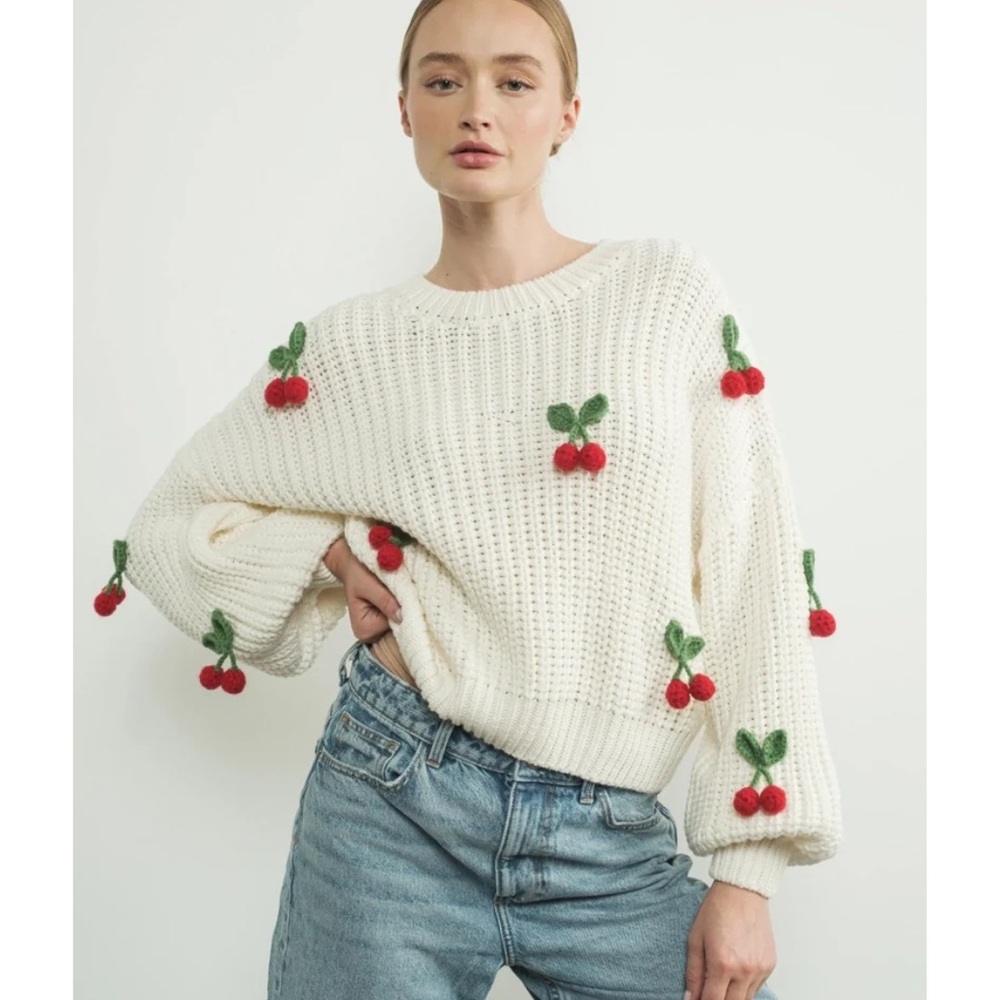 Cherry Embellished White Sweater
